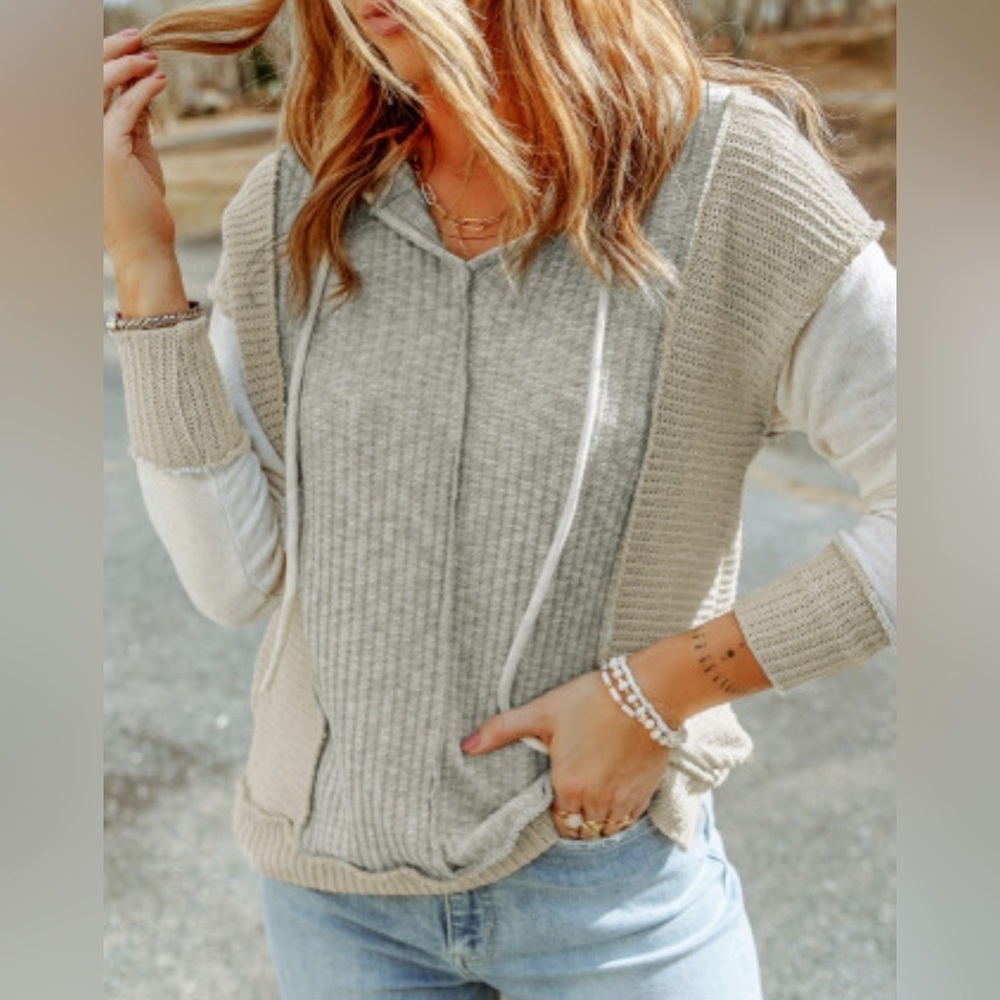 Patchwork Mixed Media Exposed Seams Hoodie in Gray Beige & Cream Size Small